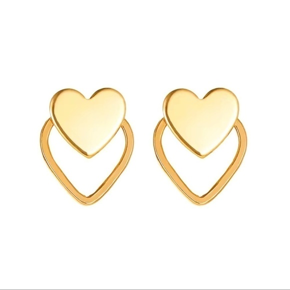 💎NEW Two For One-Double Heart Gold Stud Earrings, Secure Lock Backing - Picture 1 of 8